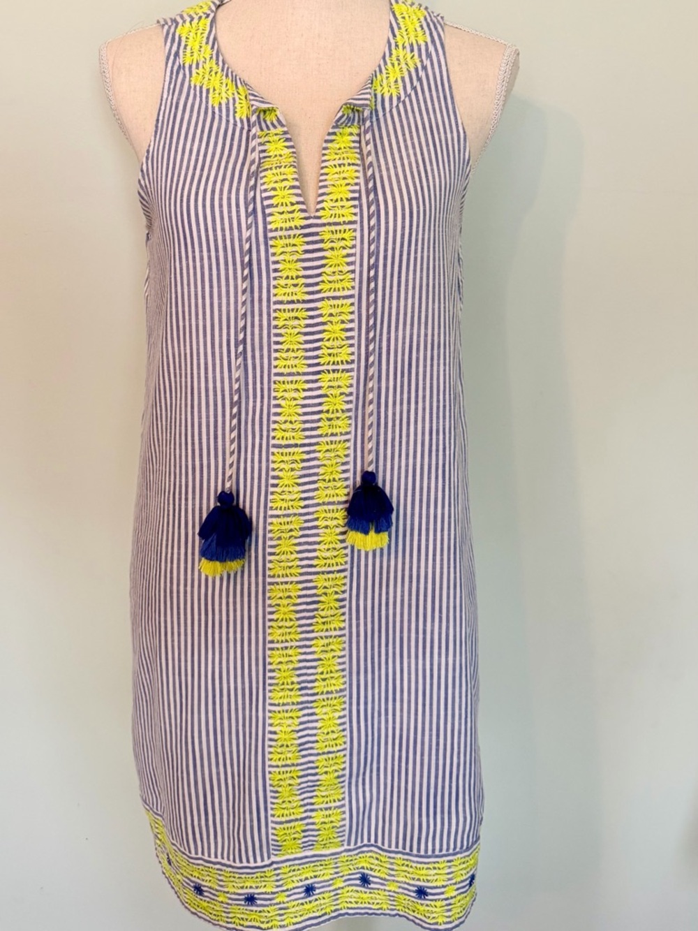 Vineyard Vines Navy Stripe Shift Dress with Yellow Embroidery and Tassels